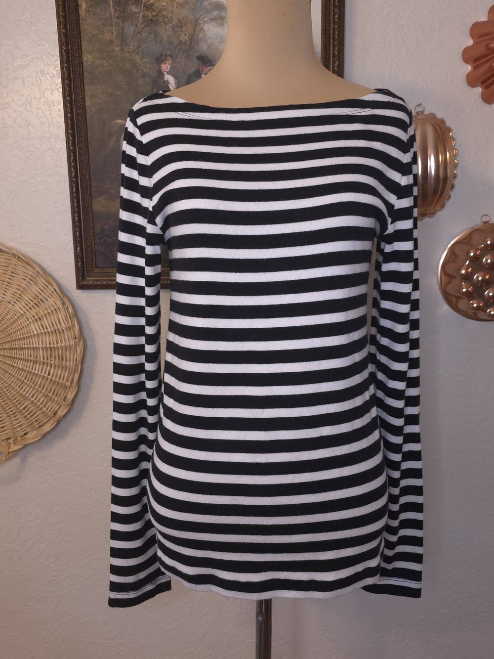 GAP Medium Pima Cotton Black White Striped Boat Neck Longsleeve Tee Preppy